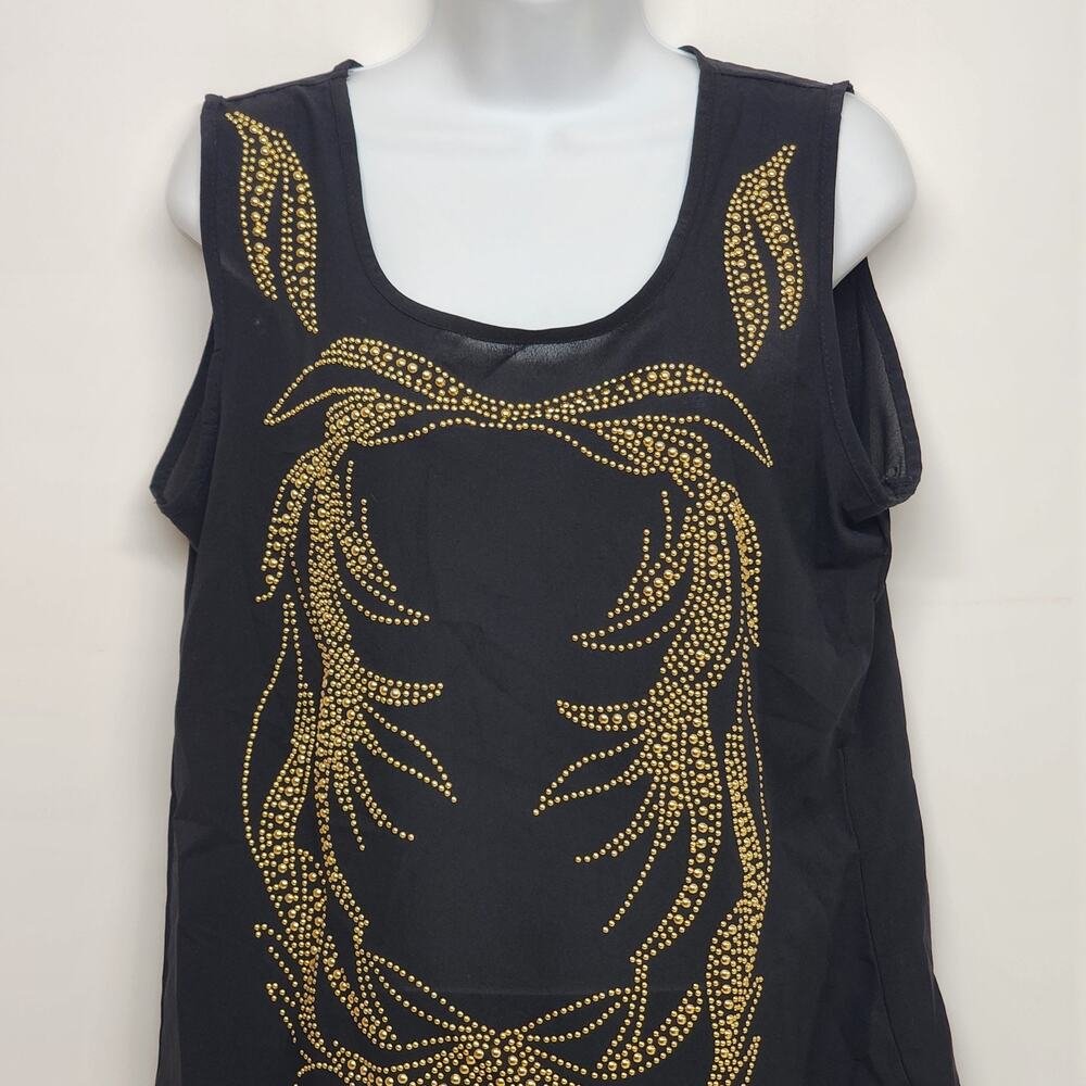 Solution Black Tank Top L Gold Beaded Embellished Glam Vintage Cotton Blend